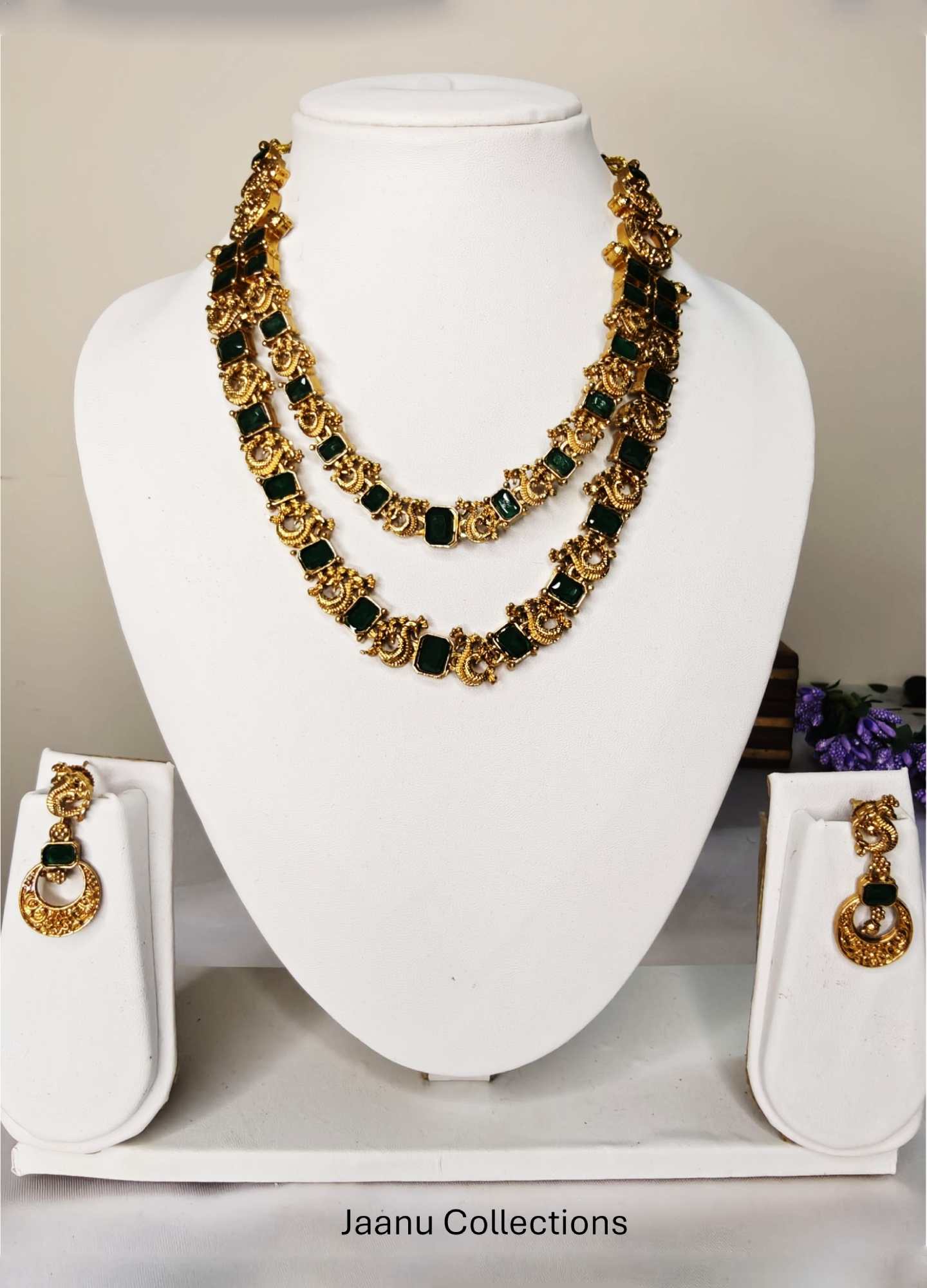 Jaanu Collections_Jewellery Collection_product Emerald Double Line Necklace & Earrings