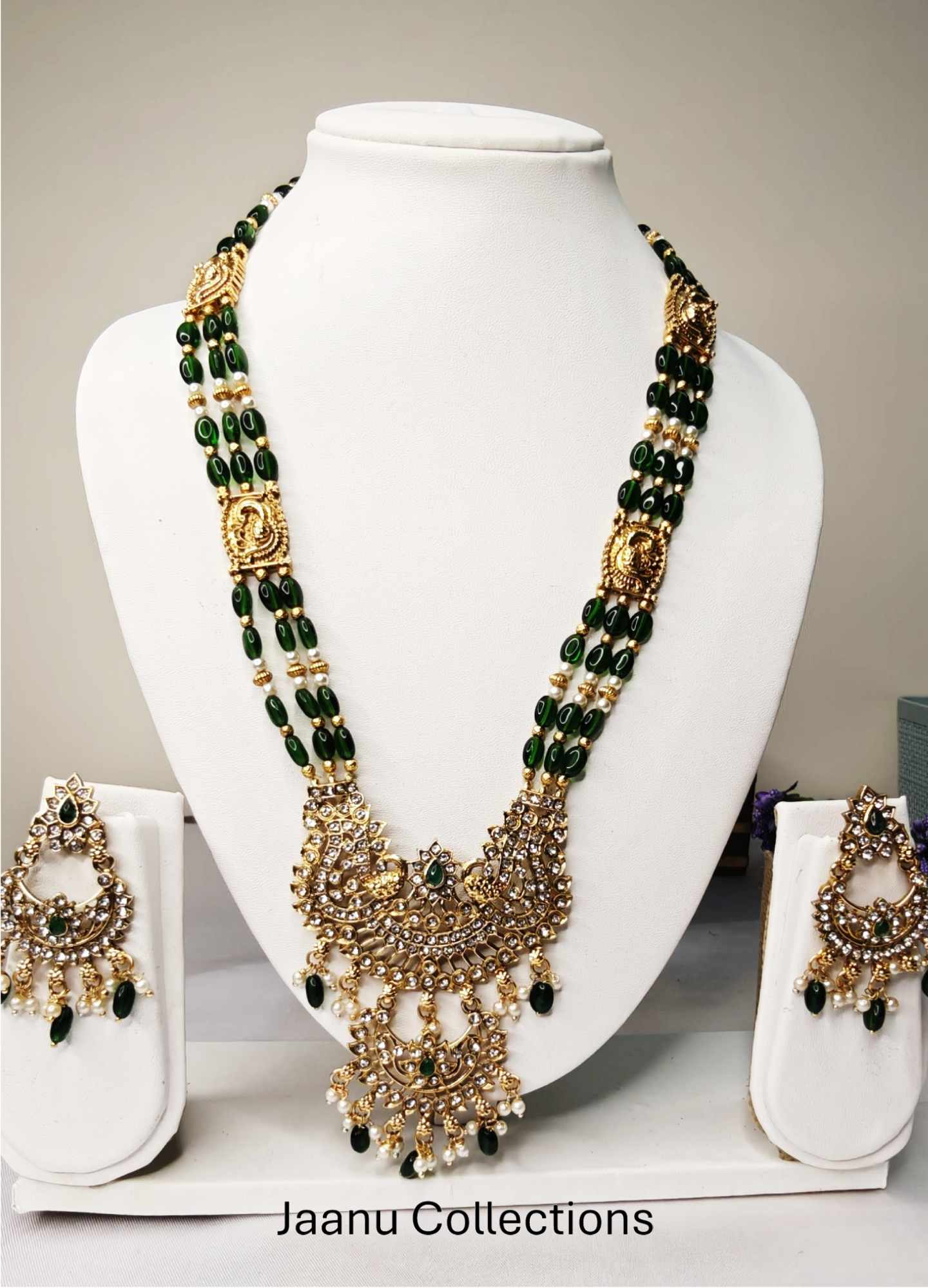 Jaanu Collections_Jewellery Collection_product Emerald Triple Line Haram & Earrings1