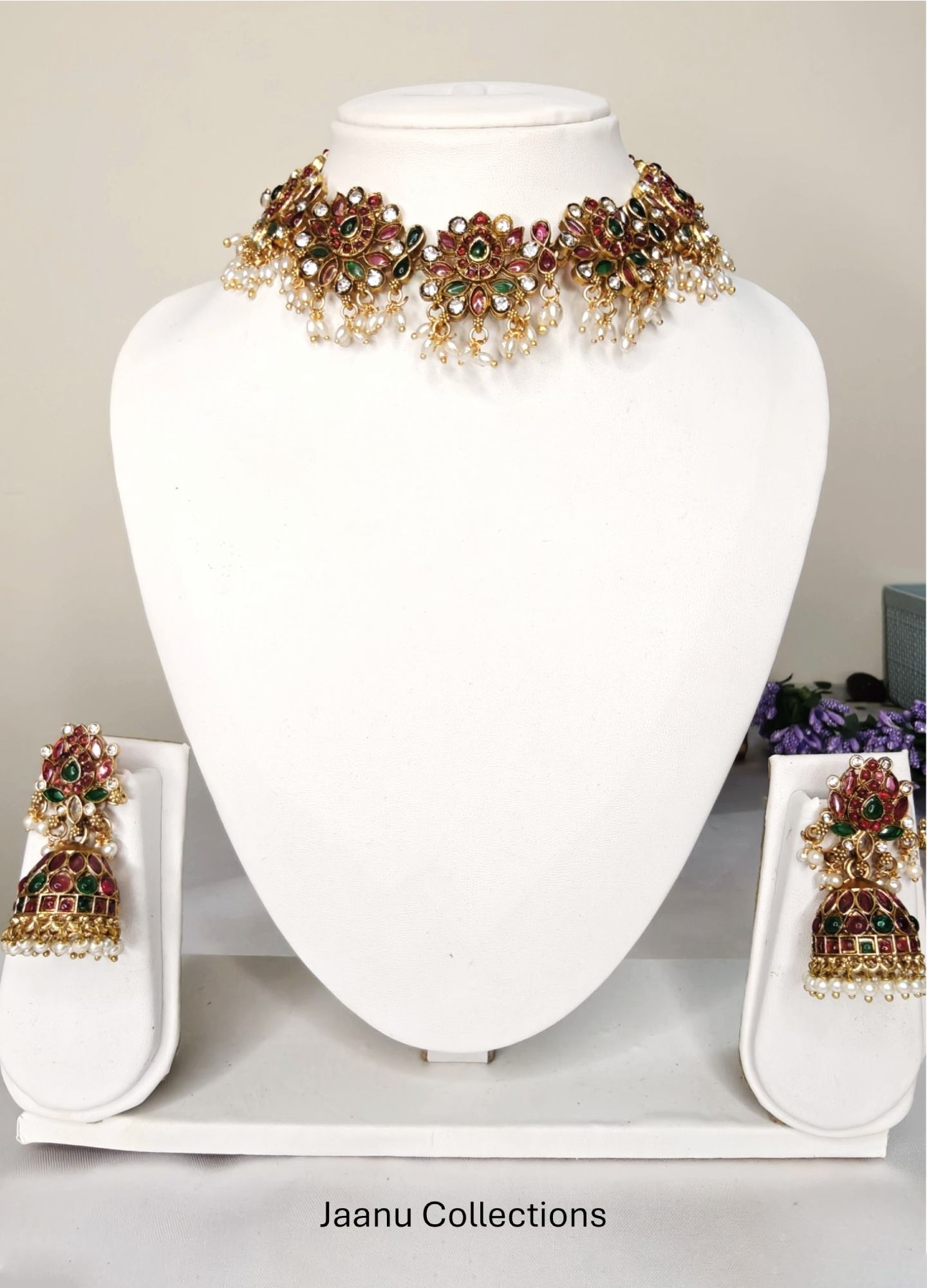 Jaanu Collections_Jewellery Collection_productKemp Lotus Necklace & Jumkas1